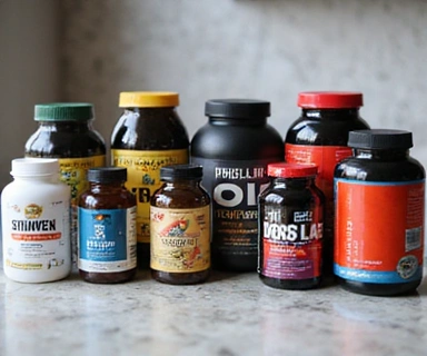 Illustrative image of men's supplements like vitamins and energy complexes